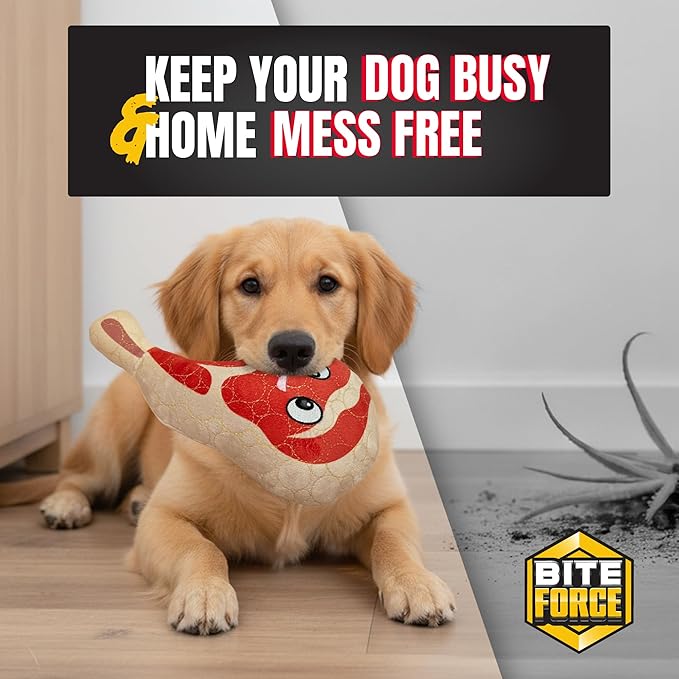 Bite Force - Durable & Strong Dog Toy Ribby with Squeaker, Kevlar-Reinforced Seams for Aggressive chewers- Red.