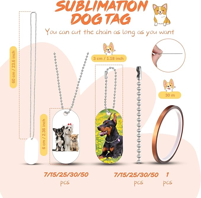 Hicarer 25 Sets Sublimation Blank Dog Tags Set Includes Aluminum Sublimation Stamping Blank Tags Necklace Chain 1 Roll of Tape for DIY Decorative Oval