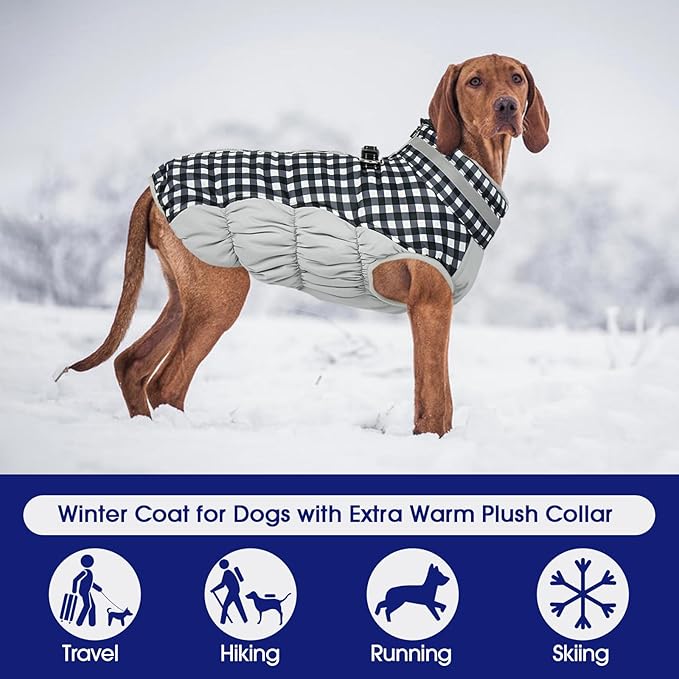 FUAMEY Dog Coat for Small Dogs,Waterproof Dog Winter Jacket with Harness Built in Puppy Cold Weather Coats Reflective Pet Vest with Zipper Warm Fleece Dogs Snowsuit Windproof Checkerboard XS