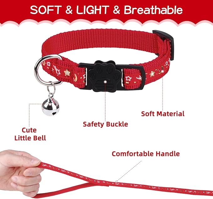 PAWCHIE Cat Harness with Leash and Collar Set - Escape Proof Adjustable H-shped Cat Harness with Star and Moon Pattern Glow in The Dark for Kitty Outdoor Walking, Red M