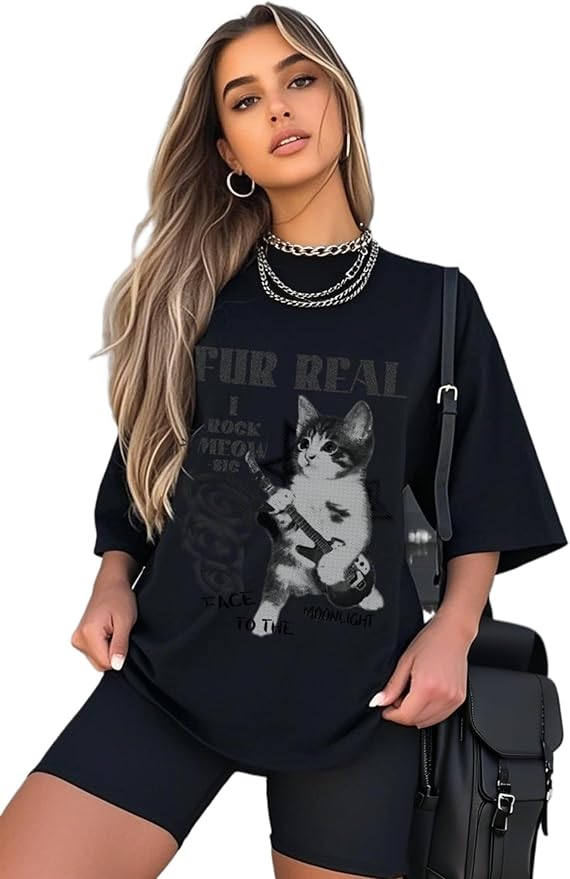 Y2k Graphic Unisex Tees Rock Guitar Cat T-Shirt Short Sleeve Oversized Tee Vintage Retro Grunge Streetwear Shirts