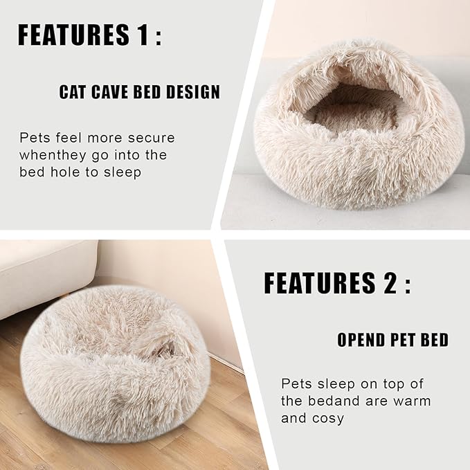 Calming Dog Beds & Cat Cave Bed with Hooded Cover,Washable Round Beds for Small Medium Pets,Anti-Slip Faux Fur Fluffy Coved Bed,Comfortable Warming Pet Bed(20 * 20inch,Beige)