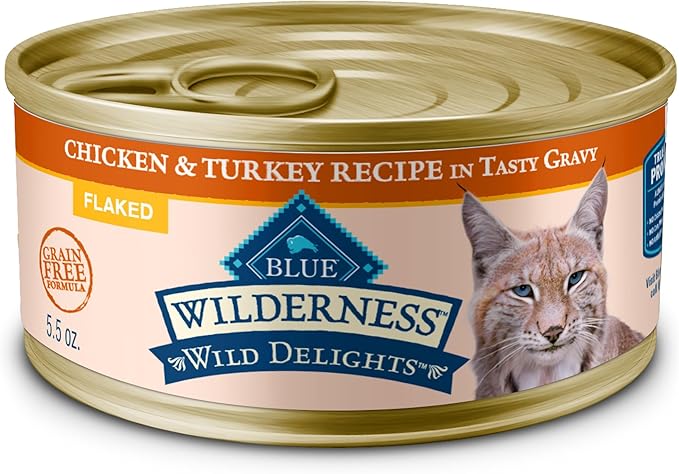 Blue Buffalo Wilderness Wild Delights Natural Wet Food for Cats, Flaked Chicken & Turkey in Tasty Gravy, 5.5-oz Cans, 24-pack