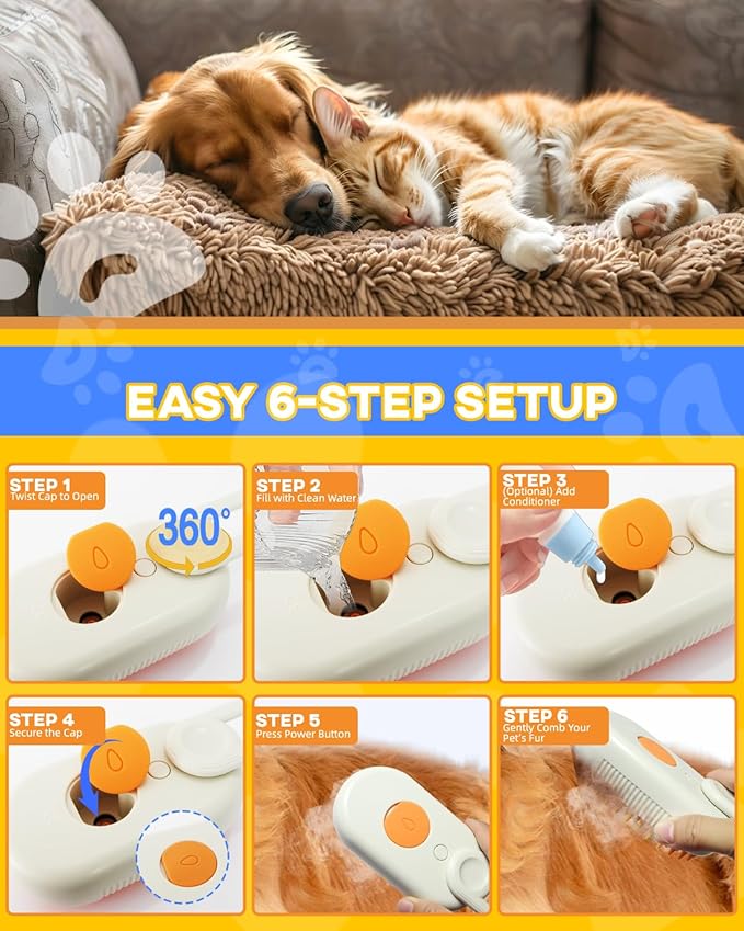 Luxelle Cat Steam Brush for Shedding – 4 in 1 Orange Pet Grooming Brush with Spray, Hair Removal, Massage & Cleaning – Anti-Static Defur Comb for Long & Short Haired Cats and Dogs