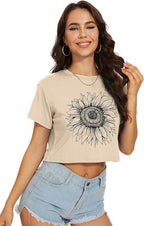 Womens Summer Crop Tops Short Sleeve Round Neck T-Shirts Loose Fit Casual Blouse