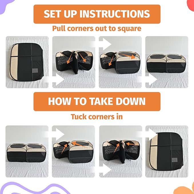 2-in-1 Dog Playpen 58''Pop Up Cat Pet Playpen, Assembly-Free Indoor Outdoor Kitten Enclosure, Kitten Pen Cat Cage Portable Puppy Tent Crates Kennel for Small Animals(No Divider, Unified Space)