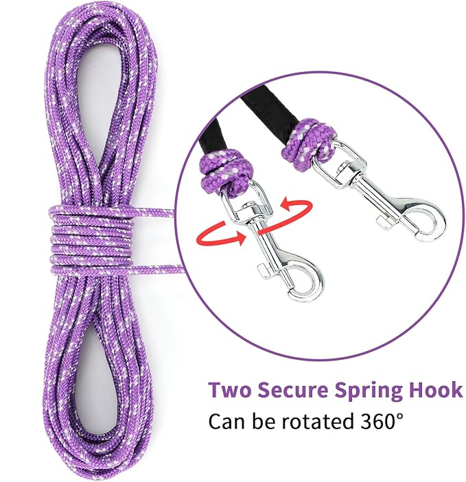 Rypet Reflective Cat Long Leash - 50 FT Escape Proof Walking Leads Yard Long Leash Durable Safe Personalized Extender Leash Traning Play Outdoor for Kitten, Puppy, Rabbit and Small Animals(Purple-L)