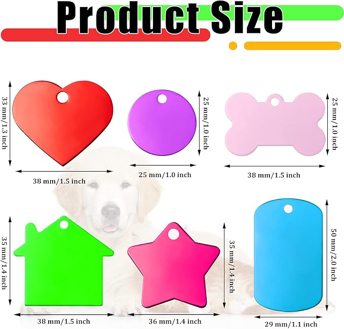 Frienda 48 Pcs Blank Pet ID Tag Colorful Aluminum Dog Cat Badge Blank Round Heart Star Bone House Rectangle Tags with Ring Pet ID Badge Pendant with Hole for Dog Cat Name Phone Number, 6 Styles
