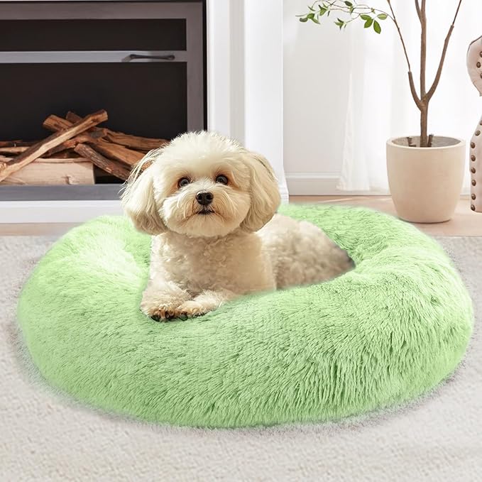 JOLLYVOGUE Small Dog & Cat Beds for Indoor Cats, Donut Cuddler Warming Soft Dog Beds with Anti-Slip Bottom, Round Calming Fluffy Plush Faux Fur Cushion Bed for Medium Dogs (31", Light Green)