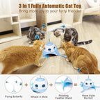 3-in-1 Automatic Cat Toys for Indoor Cats, Fluttering Butterfly, Whack a Mole, Rotating Feather Wand, USB Rechargeable Interactive Feather Toys for Multi-cat Family (Blue)