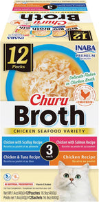 INABA Churu Broth for Cats, Side Dish Pouch, 1.4 Ounces per Pouch, 12 Pouches, Chicken & Seafood Variety