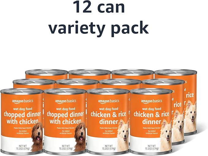 Amazon Basics Chopped Ground Dinner Wet Dog Food Variety Pack, Chicken and Rice Flavor and Chopped Dinner with Chicken, Made with Natural Ingredients, 13.2oz Cans (Pack of 12)