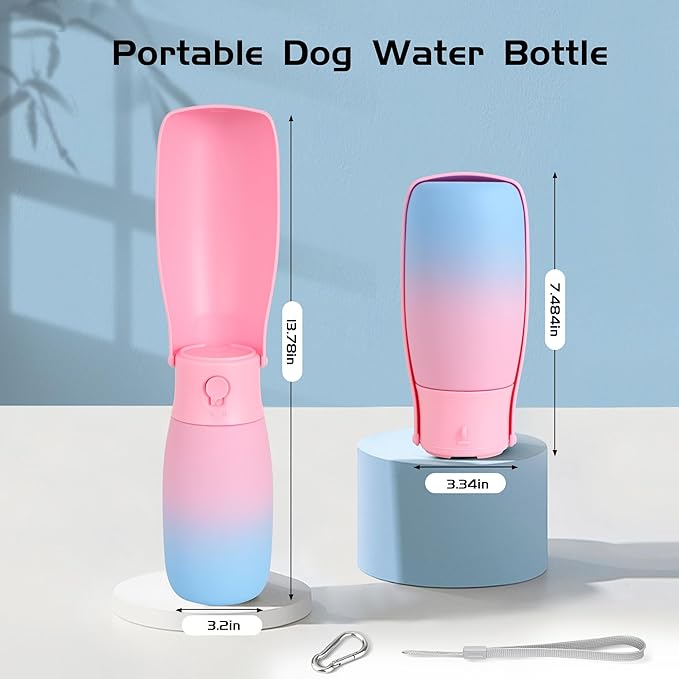 Dog Water Bottle, Travel Puppy Water Bowl, Leak Proof Portable Puppy Water Dispenser, Foldable Dog Water Bottle for for Pets Outdoor Walking, Hiking, Travel, Food Grade Plastic - 19oz Pink
