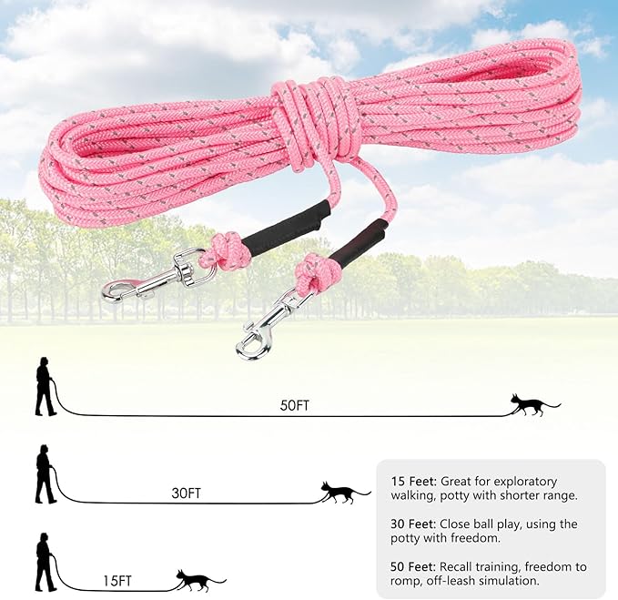 Rypet Reflective Cat Long Leash 15 FT Escape Proof Walking Leads Yard Long Leashes Durable Safe Personalized Extender Leash Traning Play Outdoor for Kitten, Puppy, Rabbit and Small Animals(Pink-S)
