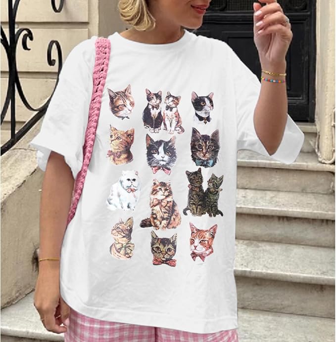 Oversized Cat Shirt Cute Graphic Tees for Women Y2k Funny Tshirts Baggy Aesthetic Shirts Cat Lover Gifts Kawaii Tops