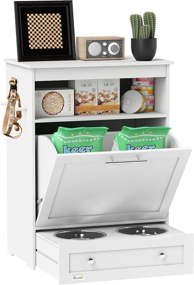 PawHut Dog Feeding Station with Raised Bowls & Storage Cabinet, Pet Feeder Cabinet Container with Hanger for Feeding & Watering Supplies, Dog Food Organizer, White