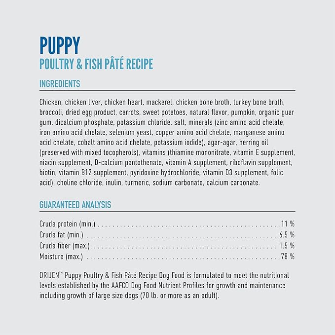 ORIJEN Puppy Recipe, Poultry & Fish Pâté, Grain-Free, Premium Wet Dog Food