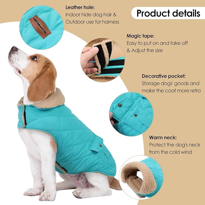 Winter Coat for Medium Dogs, Dog Plaid Jacket, Pets Coat for Cold Weather, Windproof Warm Garments, Pet Thickened Outfits Indoor Outdoor, Blue M