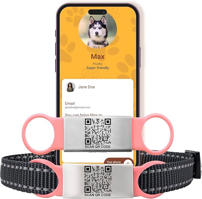 Smart Slide-On QR Code Pet Tag – Silent Dog & Cat ID Tag with Laser Engraving – Stainless Steel & Silicone – No App Needed – Custom Pet Profile – Fits Most Collars (Light Pink, Small)