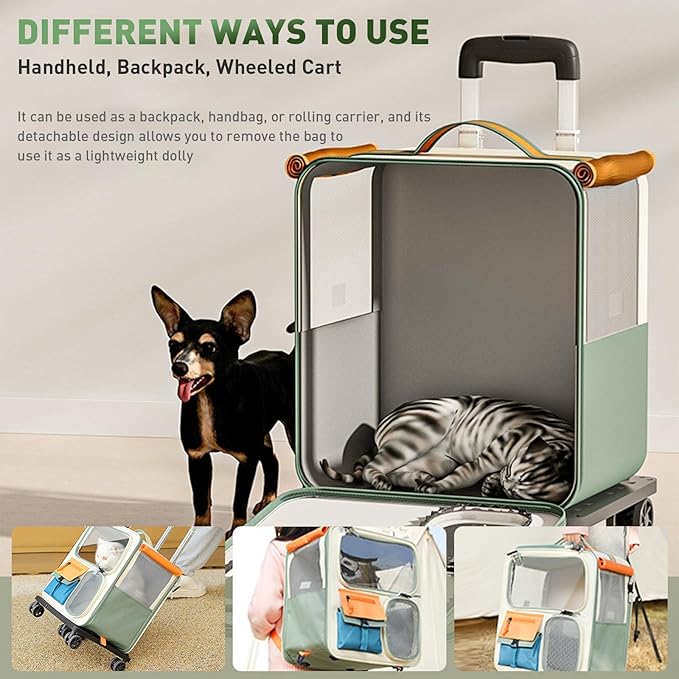 Cat Carrier with Wheels, Soft Rolling Pets Carrier Collapsible on Wheel Pet Handbag Cats Backpack, Dog Carriers up to 23 LBs Removable Cat Bag for Small Dogs Medium Cats Outing(NOT for TSA)