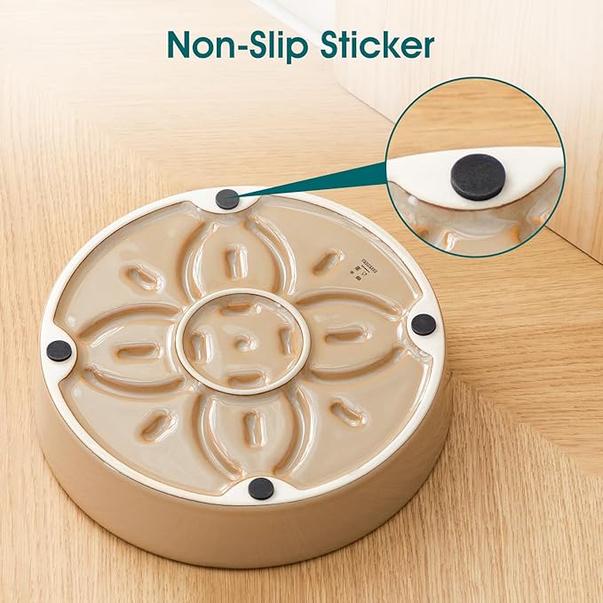 vancasso Ceramic Slow Feeder Dog Bowls, Puzzle Dog Food Bowls with Floral Maze, Anti -Slip Pet Food Dish for Medium Breed, 1.5 Cups, Brown