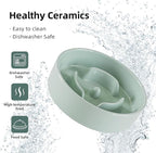 Ceramic Raised Slow Feeder Dog Bowl Set, Elevated 5.1inch Bowl and 6.1inch Puzzle Slow Pet Food Dish with Wooden Stand for Small Dog and Cat, Anti-Gulping (2X Light Green+ Stand)