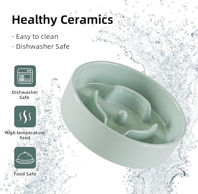 Ceramic Raised Slow Feeder Dog Bowl Set, Elevated 5.1inch Bowl and 6.1inch Puzzle Slow Pet Food Dish with Wooden Stand for Small Dog and Cat, Anti-Gulping (2X Light Green+ Stand)