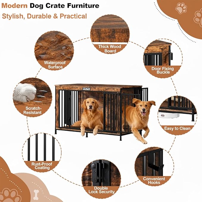 XL Dog Crate Furniture 48'' | Extra Large Heavy Duty Anti-Chew Dog Kennel | Rustic Wooden Cage End Table with 350LB Top Capacity | Escape Proof Double Door Pet House TV Stands