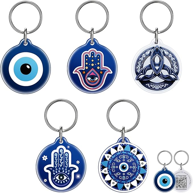 QR Code Pet ID Tags for Dogs & Cats – Guardian Spirit Series 5Pcs, Dog Tags Personalized with Evil Eye, Hamsa Hand & Celtic Knot Symbols, Waterproof, Editable Profile, Instant Location Alert