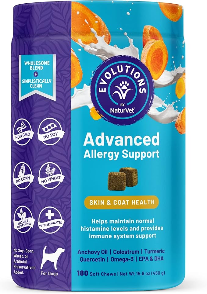 NaturVet Evolutions Advanced Allergy Support 180ct Soft Chews for Dogs - Omega-3, Anchovy Oil, Colostrum, Turmeric, Quercetin, Probiotic - Help Maintain Normal Histamine Levels