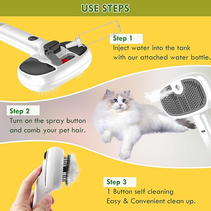 4 in 1 Cat Steam Brush, Self-Cleaning Pet Steam Brush with 2 Water Spray Modes, Large Capacity Tank, Steaming Dog Brush for Shedding,Massaging,Cleaning,Grooming