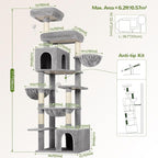 Globlazer Tall Cat Tower, 76 inch Multiple Level Cat Climbers for Indoor Cats, XL Cat Tree with 5 Scratching Posts, 2 Cat Condos, Hammock, 2 Hanging Baskets, F76B, Light Grey