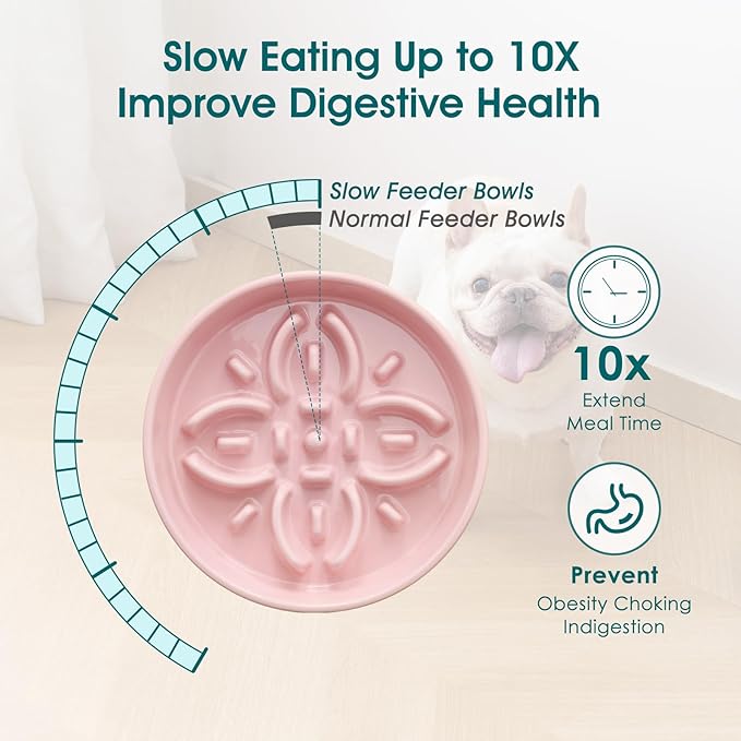 vancasso Ceramic Slow Feeder Dog Bowls, Puzzle Dog Food Bowls with Floral Maze, Anti -Slip Pet Food Dish for Small Breed, 0.6 Cups, Pink