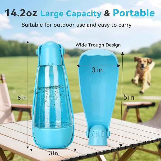 UPSKY Dog Water Bottle | Portable & Foldable Dog Water Bottle | 3-in-1 Portable Pet Water Dispenser with Food Container & Poop Scooper for Outdoor Walking, Hiking & Travel,14.2oz(Blue)