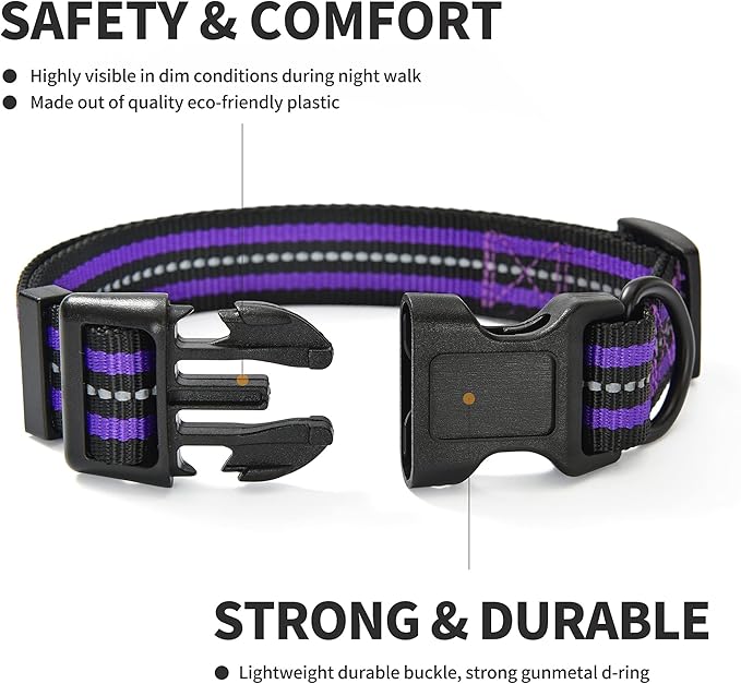 Mile High Life Reflective Dog Collar | Nylon Pet Collars wiith Buckle | Light Weight Puppy Collars | Purple Dog Collars for Large Dogs (Purple, L)
