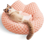 Round Dog Bed for Small Dogs & Cats -Washable Dount Cute Cat Bed for Indoor Cats, Orthopedic Sherpa Fleece Soft Cozy Calming Pet Bed with Removable Zipper Cover (Orange Check, (20x20x6inches))