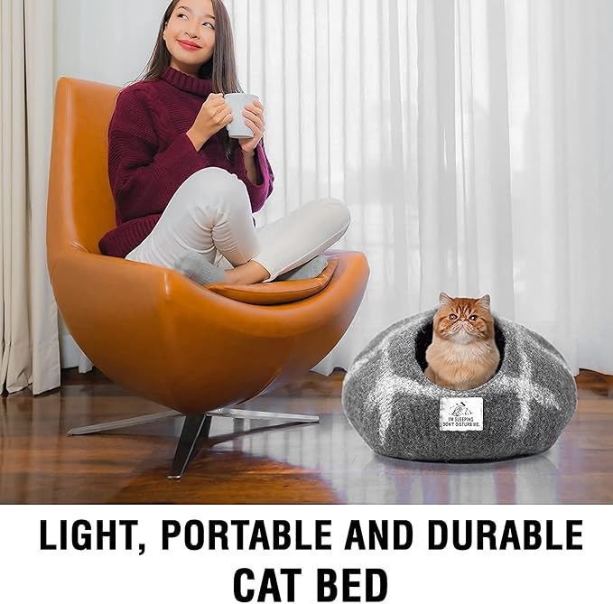 Luxurious Eco-Friendly Merino Wool Cat Cave Bed - Foldable Hideaway Pod for Indoor Cats - Premium Felt Kitten Beds - Covered Cat House for Ultimate Cozy Comfort by Woolygon