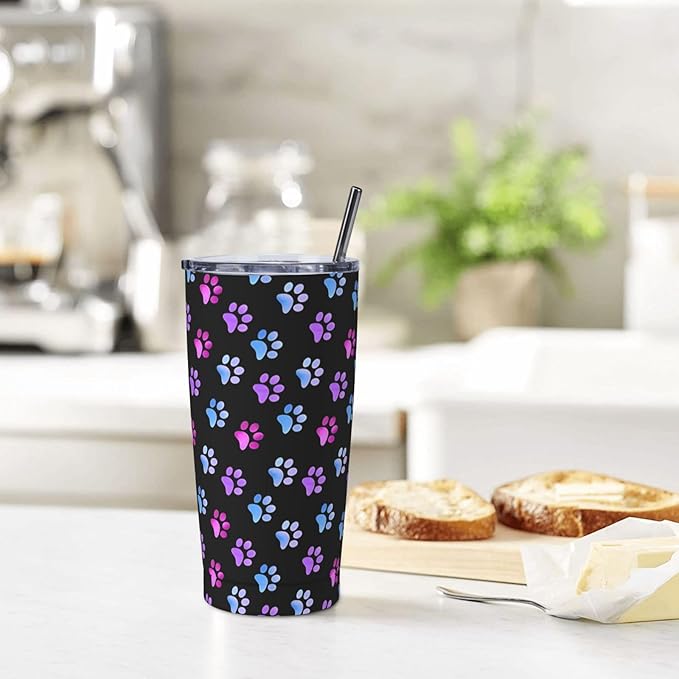 Paw Print Tumbler with Lid and Straw, Dog 20 Oz Stainless Steel Insulated Water Bottle Cup Coffee Mug