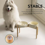 Ceramic Raised Slow Feeder Dog Bowl Set, Elevated 8.2inch Bowl and 9.5inch Puzzle Slow Food Dish with Wooden Stand for Large Dog, Anti-Gulping (2X Beige+ Stand)