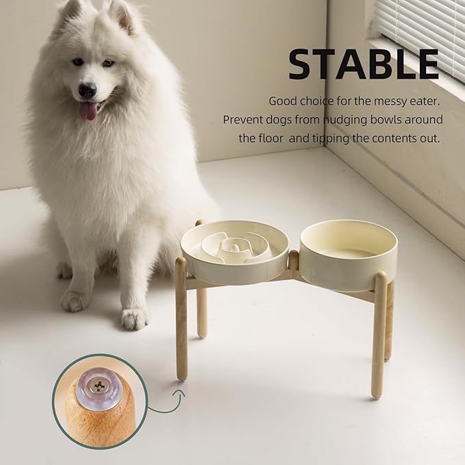 Ceramic Raised Slow Feeder Dog Bowl Set, Elevated 8.2inch Bowl and 9.5inch Puzzle Slow Food Dish with Wooden Stand for Large Dog, Anti-Gulping (2X Beige+ Stand)