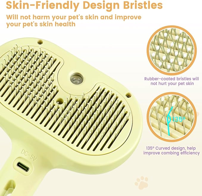 3 in 1 Cat Steam Brush, Pet Spray Hair Removal Comb for Shedding & Grooming, Water Brush for Cats Dogs Small Animals Long Short Haired with One-Click Release Button(Yellow)