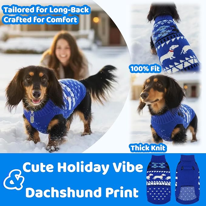 Ultra-Soft & Stretchy Turtleneck Dachshund Sweater, Fall Pullover Knitted Dachshunds Sweaters, Medium Weiner Dog Clothes for Girls Boys, Winter Christmas Puppy Costume for Male Female Dogs (Blue, M)