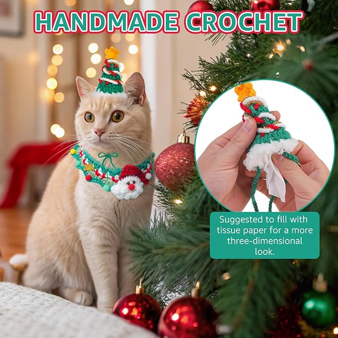 SCENEREAL Christmas Cat Costumes - Cute Knit Santa Claus Christmas Tree Costume for Puppy Dogs Cats, Kitten Collar Hat for Holiday Party, Pet Apparel Xmas Outfit for Small Animal, Dolls