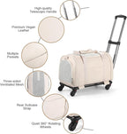 Leather Pet Carrier with Wheels, Airline Approved Travel Bag for Small Dogs & Cats Under 15 lbs, Rolling Pet Carrier for Airplane, Camping & Outdoor White