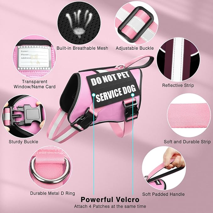 Service Dog Vest Harness+ID Tag+10 Patches,Metal Serivce Dog Tag&Reflective Emotional Support Dog Vest with Handle for Large Dogs,Easy Put On/Off for Training/Walking/Everyday Pink L