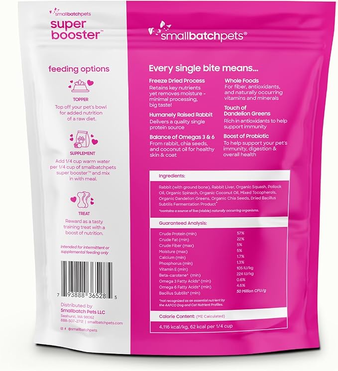 Smallbatch Freeze Dried Dog Treats, Superfood Food Topper Rabbit Bites for Dogs & Cats, Probiotics, Organic Ingredients, High Protein, Grain Free Healthy Treat & Food Topper, Made in the USA, 7 oz Bag