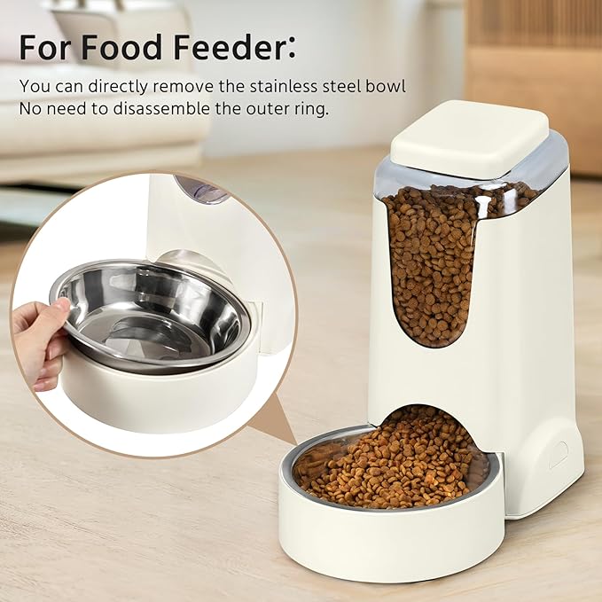 2 Pack Automatic Cat Feeder and Stainless Steel Water Dispenser, Gravity Dog Waterer Set Food Feeder and Waterer Set for Small Medium Kitten Puppy Pets (1 Gallon x 2, Ivory White)