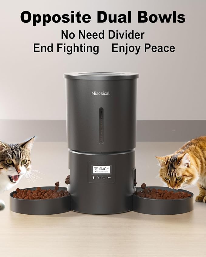 Dual Automatic Cat Feeder 2 Cats,6 Meals/Day,12 Portions/Meal,4.2L Dual Power Double Bowls Feeder,Dry Food Auto Pet Dispenser,10S Voice Record,Flexible Schedule Timer (Black,Basic Dual Bowls)
