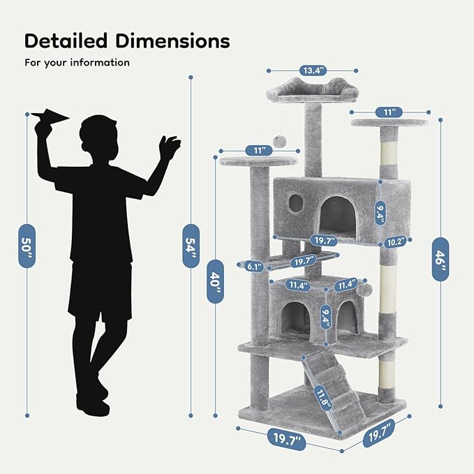 DUMOS 54-inch Indoor Cat Tree Tower –Multi-Level Pet House for Large Cats with 2 Condos, Scratching Posts, Round Platform, Small Ladder, and Toys, Light Grey