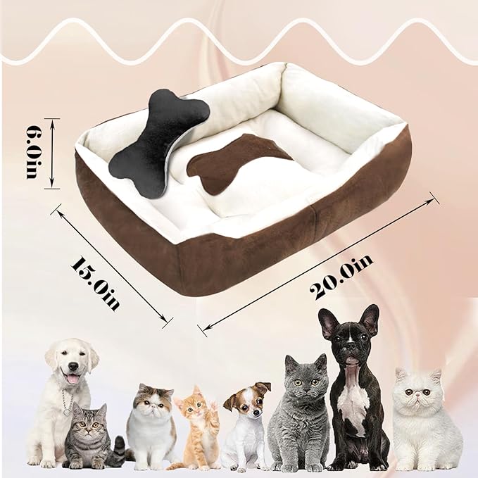 Dog Beds for Small Dogs,Rectangle Cat Beds for Indoor Cats,20"x15"x6" Washable Pet Bed with Side and Anti-Slip Bottom for Medium Dog,Kitten(Beige)